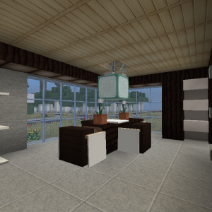 Küchentisch mit Regalen im Hintergrund