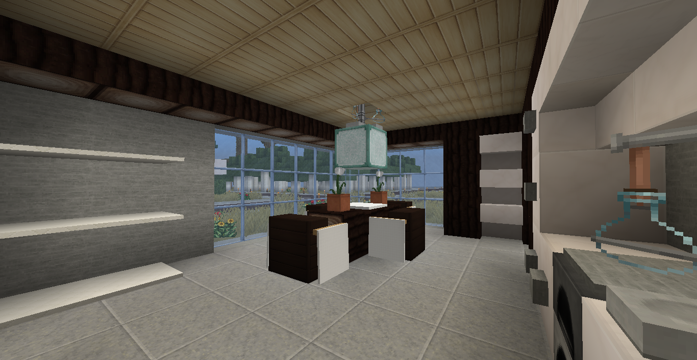 Küchentisch mit Regalen im Hintergrund